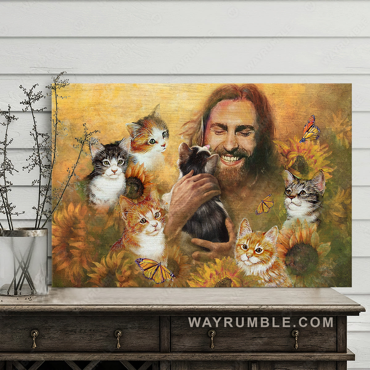 Lovely cats, Sunflower field, Monarch butterfly, Jesus Christ among animals - Jesus Landscape Canvas Prints, Home Decor Wall Art