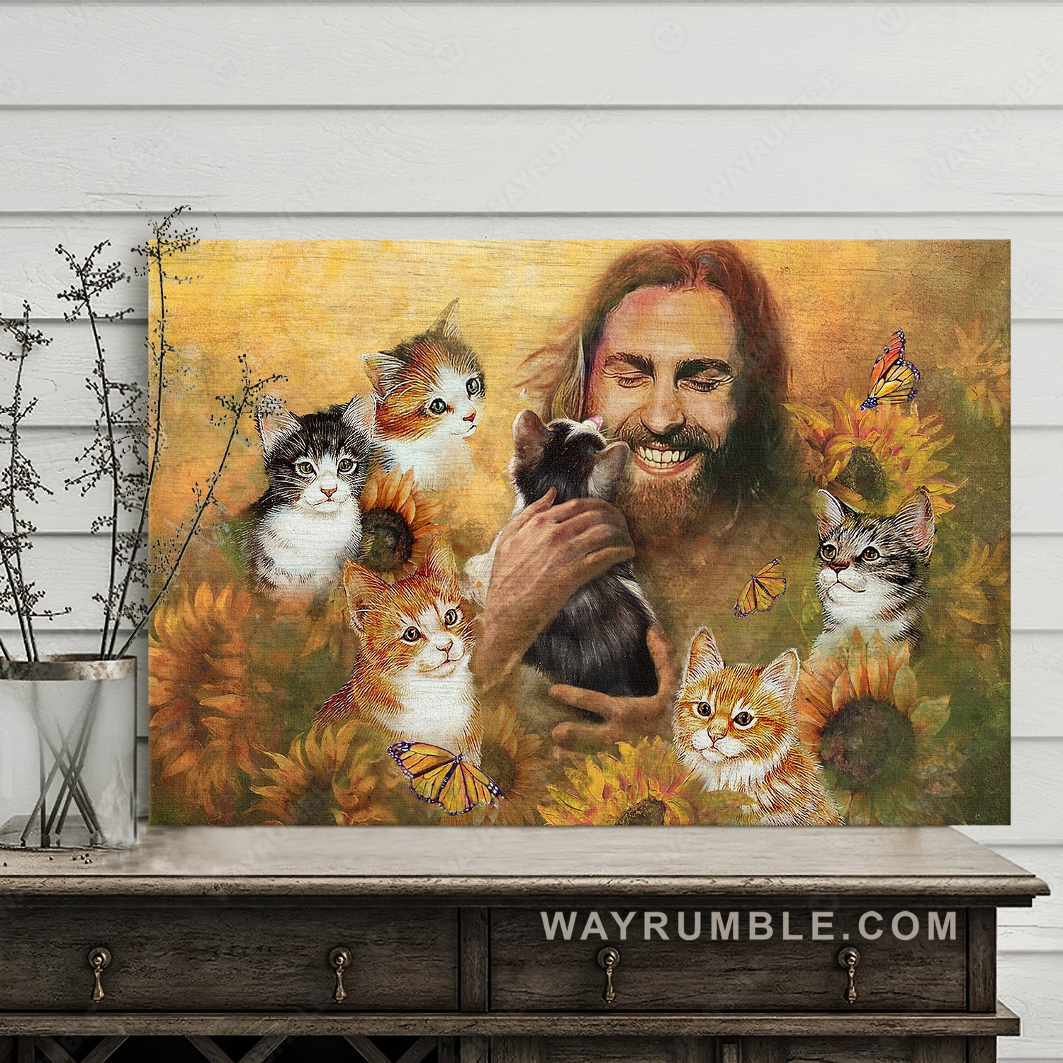 Lovely cats, Sunflower field, Monarch butterfly, Jesus Christ among animals - Jesus Landscape Canvas Prints, Home Decor Wall Art