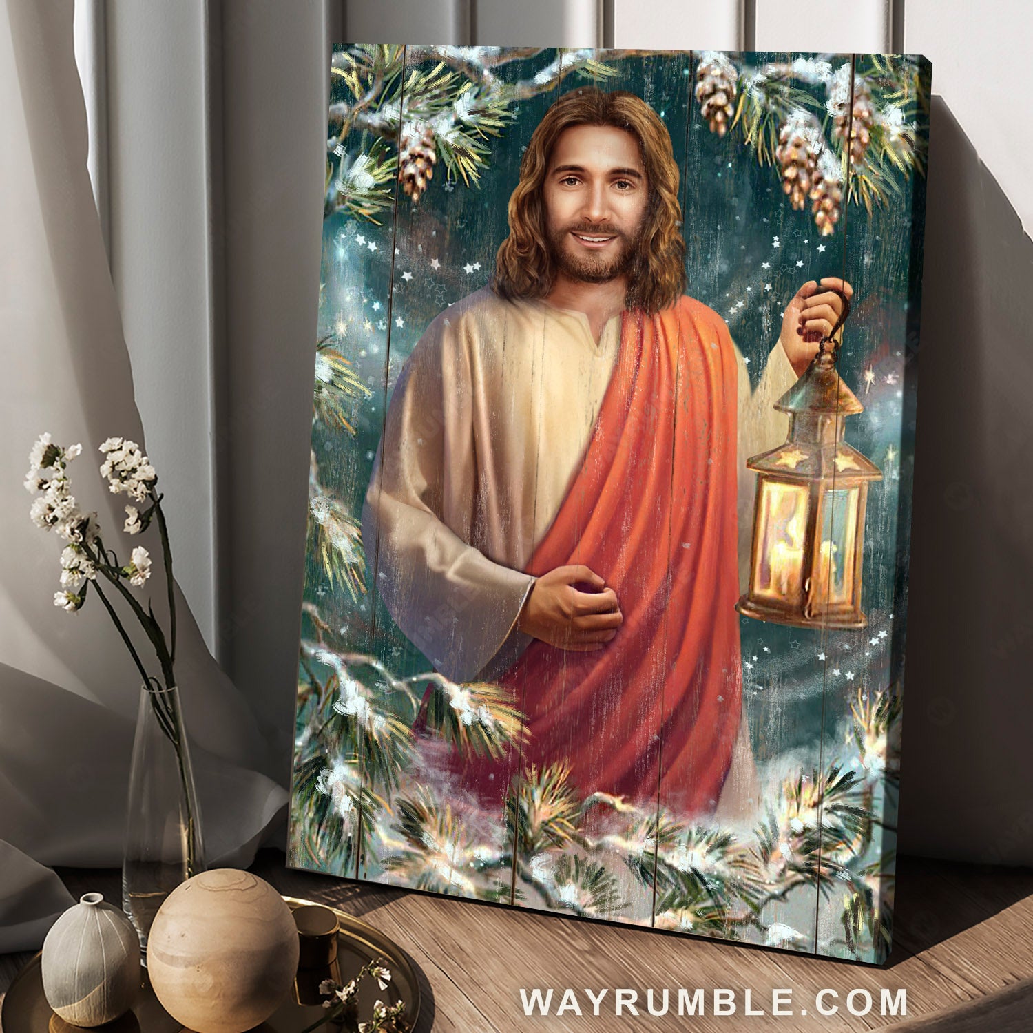 Jesus painting, Pine tree, Winter season, Snow forest, Beautiful night - Jesus Portrait Canvas Prints, Christian Wall Art