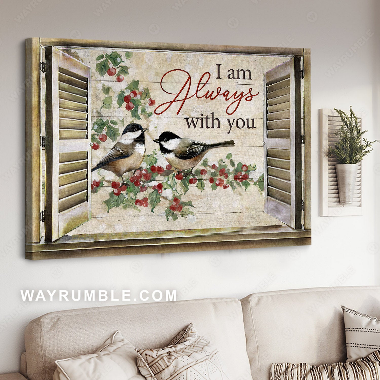 Bird couple, Tit bird, Wooden windows, Inspirational quote, I am always with you - Jesus Landscape Canvas Prints, Home Decor Wall Art