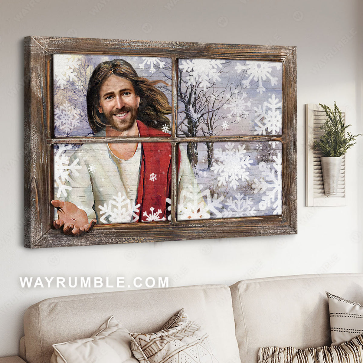 Beautiful snowflake, Jesus painting, Wood window, Winter forest - Jesus Landscape Canvas Prints, Christian Wall Art