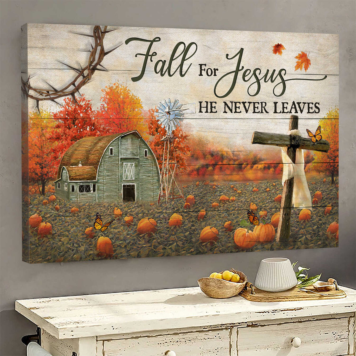 Fall Painting, Pumpkin field, Fall for Jesus he never leaves - Jesus Landscape Canvas Prints, Wall Art