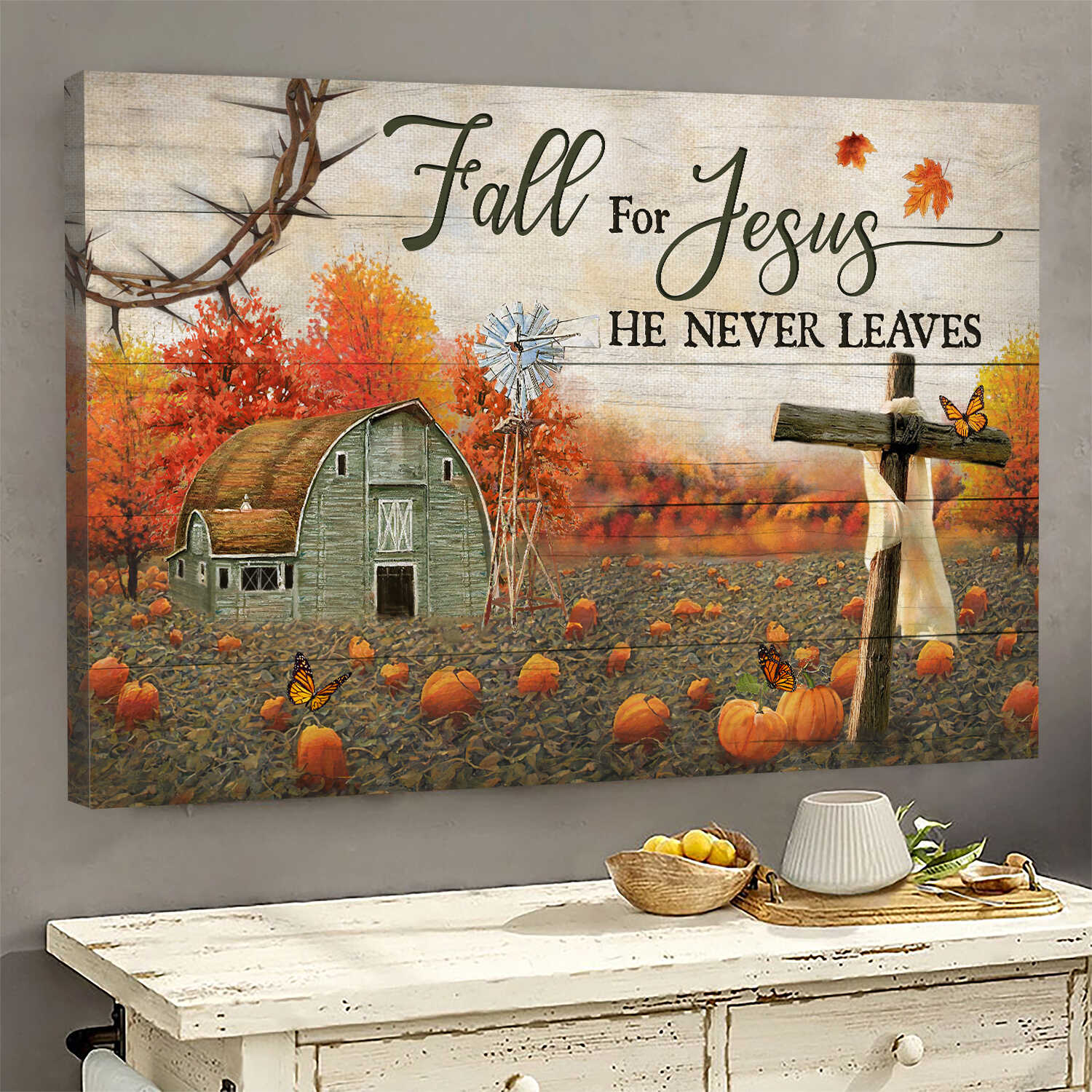 Fall Painting, Pumpkin field, Fall for Jesus he never leaves - Jesus Landscape Canvas Prints, Wall Art