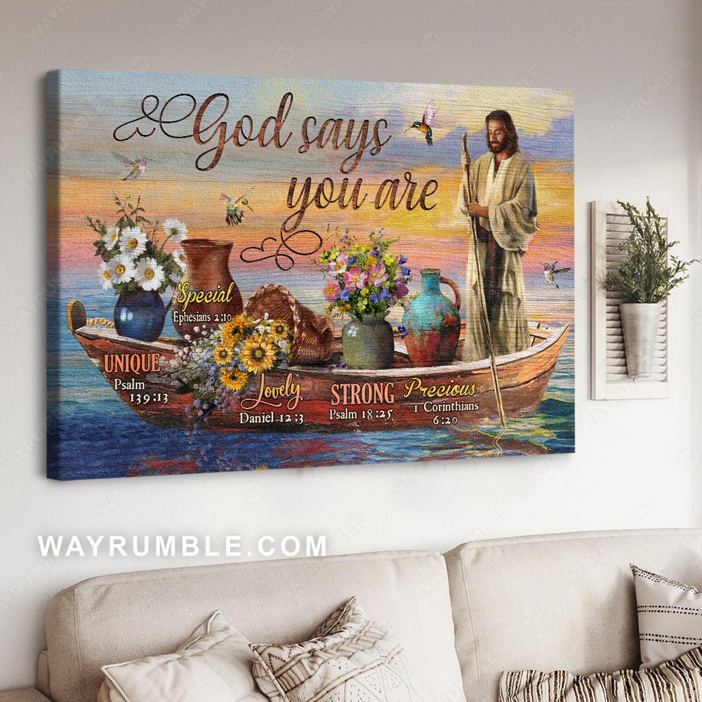 Amazing boat, Gorgeous flower pot, Awesome hummingbird, God says you are - Jesus Landscape Canvas Prints, Christian Wall Art