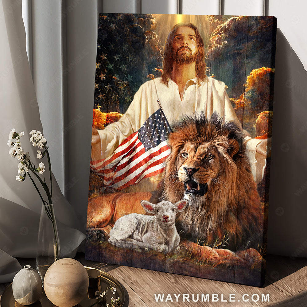 Beautiful Jesus painting, Lion of Judah, Lamb of God, American flag, Religious art - Jesus Portrait Canvas Prints, Christian Wall Art