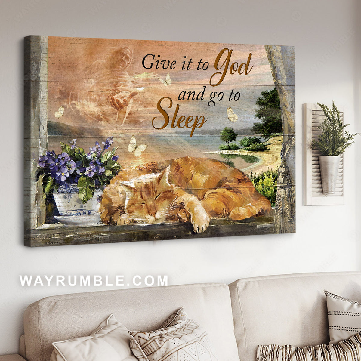 Flower vase, Yellow cat, Jesus painting, Give it to God and go to sleep - Jesus Landscape Canvas Prints, Home Decor Wall Art