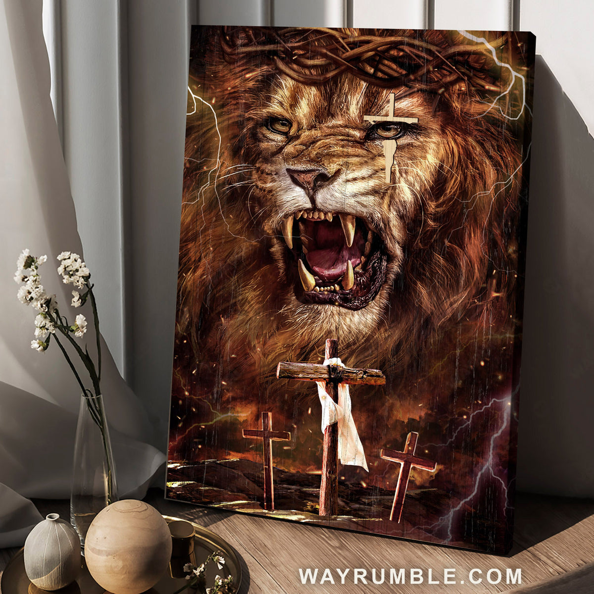 Awesome lion head, Lion of Judah, Crown of thorns, Three wooden crosses - Jesus Portrait Canvas Prints, Christian Wall Art