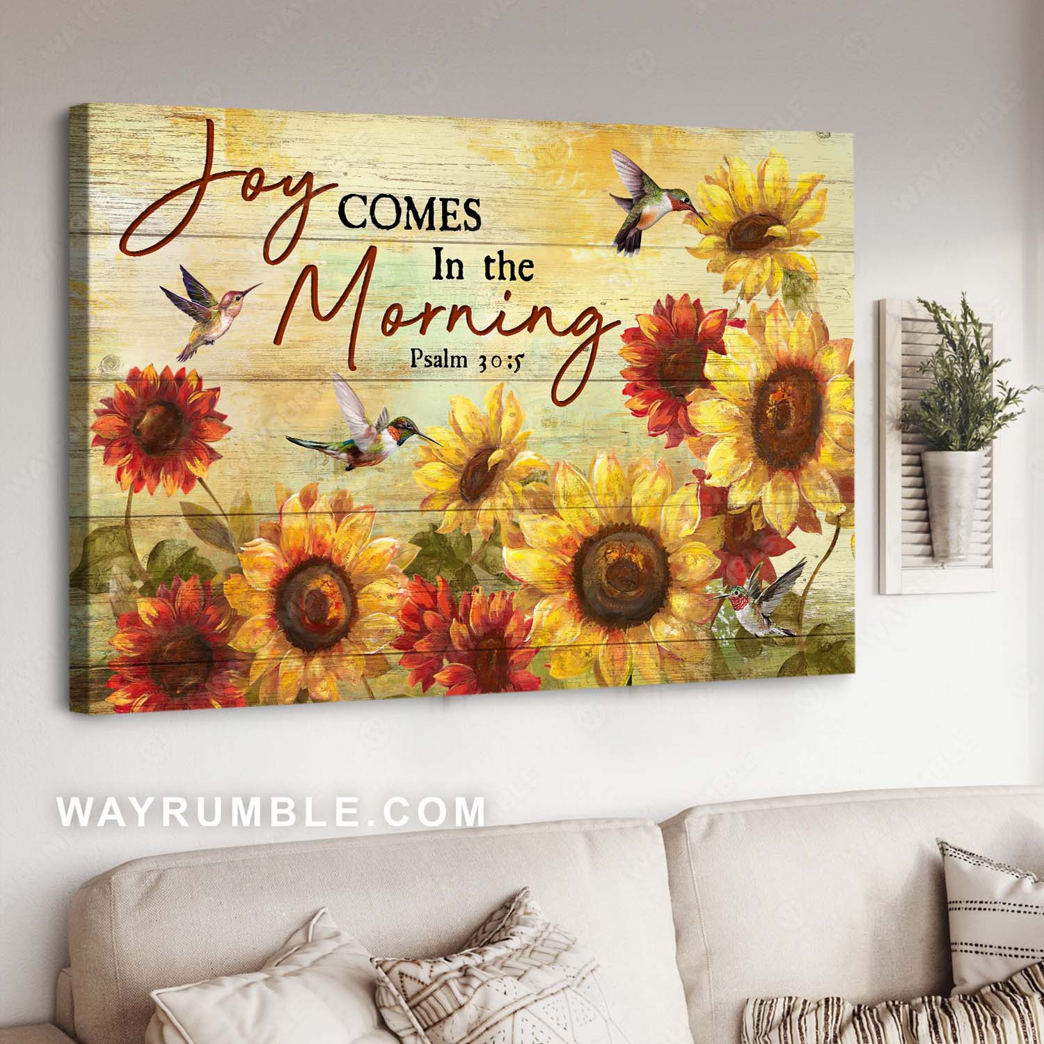 Hummingbird drawing, Watercolor sunflower, Joy comes in the morning - Jesus Landscape Canvas Prints, Home Decor Wall Art