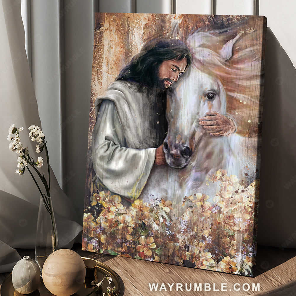 Abstract art, White horse drawing, Flower garden, Jesus hugging a horse - Jesus Portrait Canvas Prints, Christian Wall Art
