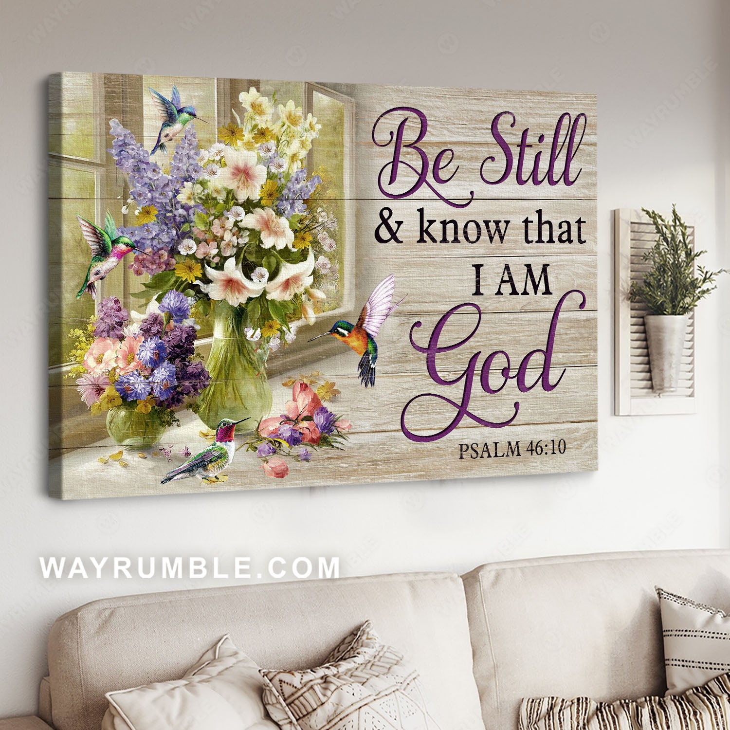 Rustic flower painting, Watercolor hummingbird, Be still and know that I am God - Jesus Landscape Canvas Prints, Home Decor Wall Art