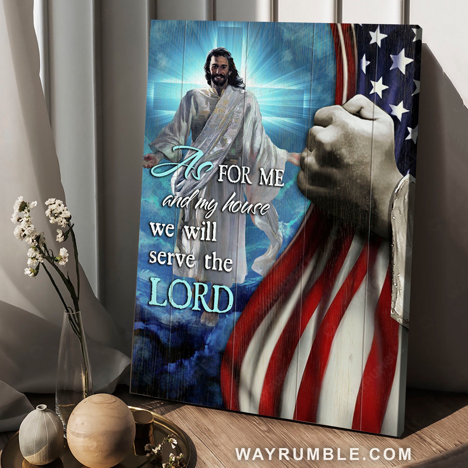 American flag, Blue cross, Jesus painting, We will serve the Lord - Jesus Portrait Canvas Prints, Christian Wall Art