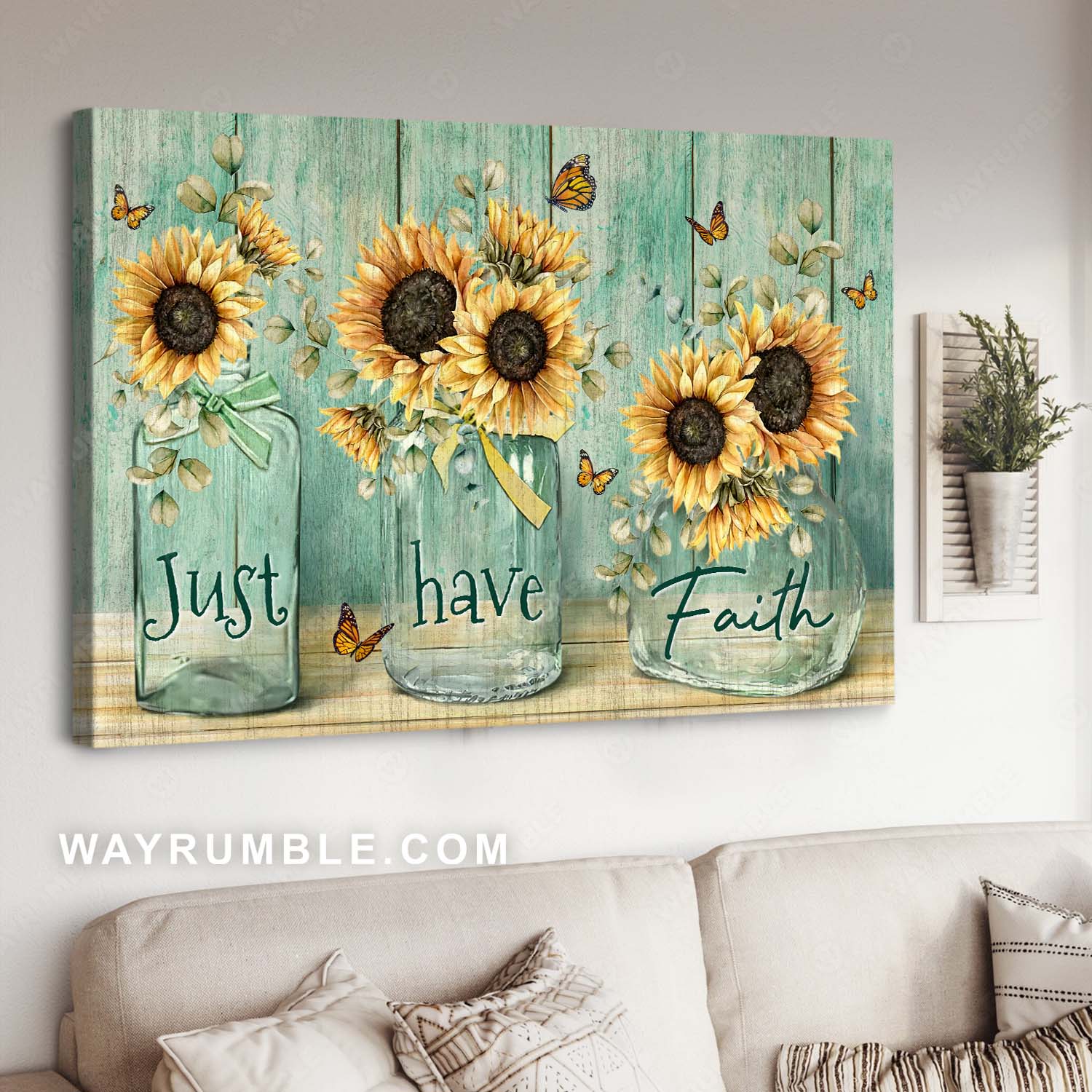Watercolor sunflowers, Vintage painting, Monarch butterfly, Just have faith - Jesus Landscape Canvas Prints, Home Decor Wall Art