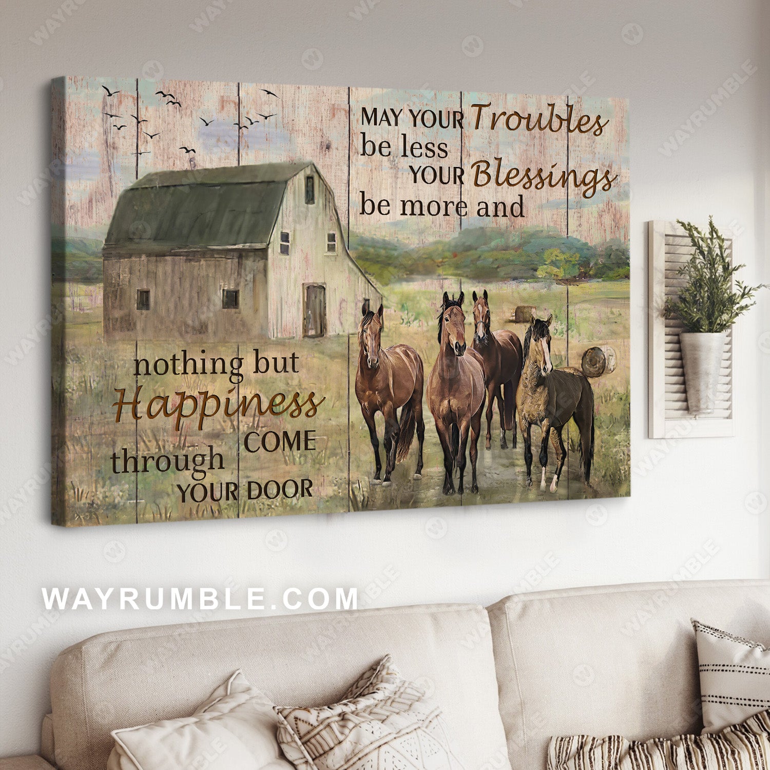 Horse painting, Old barn, Giant valley, Happiness come through your door - Jesus Landscape Canvas Prints, Christian Wall Art