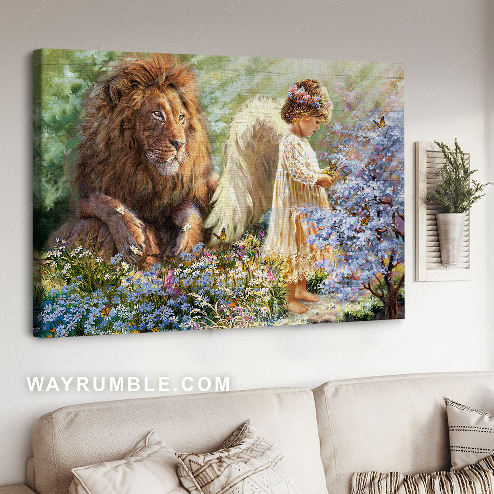 Lion of Judah, Flower field, Daisy flowers, Monarch butterfly, Lovely little angel - Jesus Landscape Canvas Prints, Home Decor Wall Art