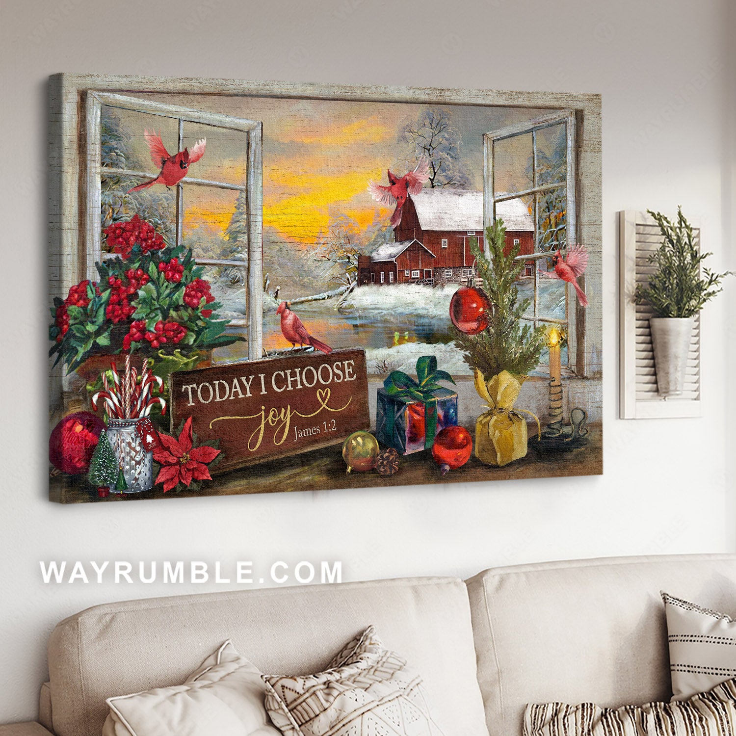 Christmas decoration, Red cardinal, Snowy village, Today I choose joy - Jesus Landscape Canvas Prints, Home Decor Wall Art