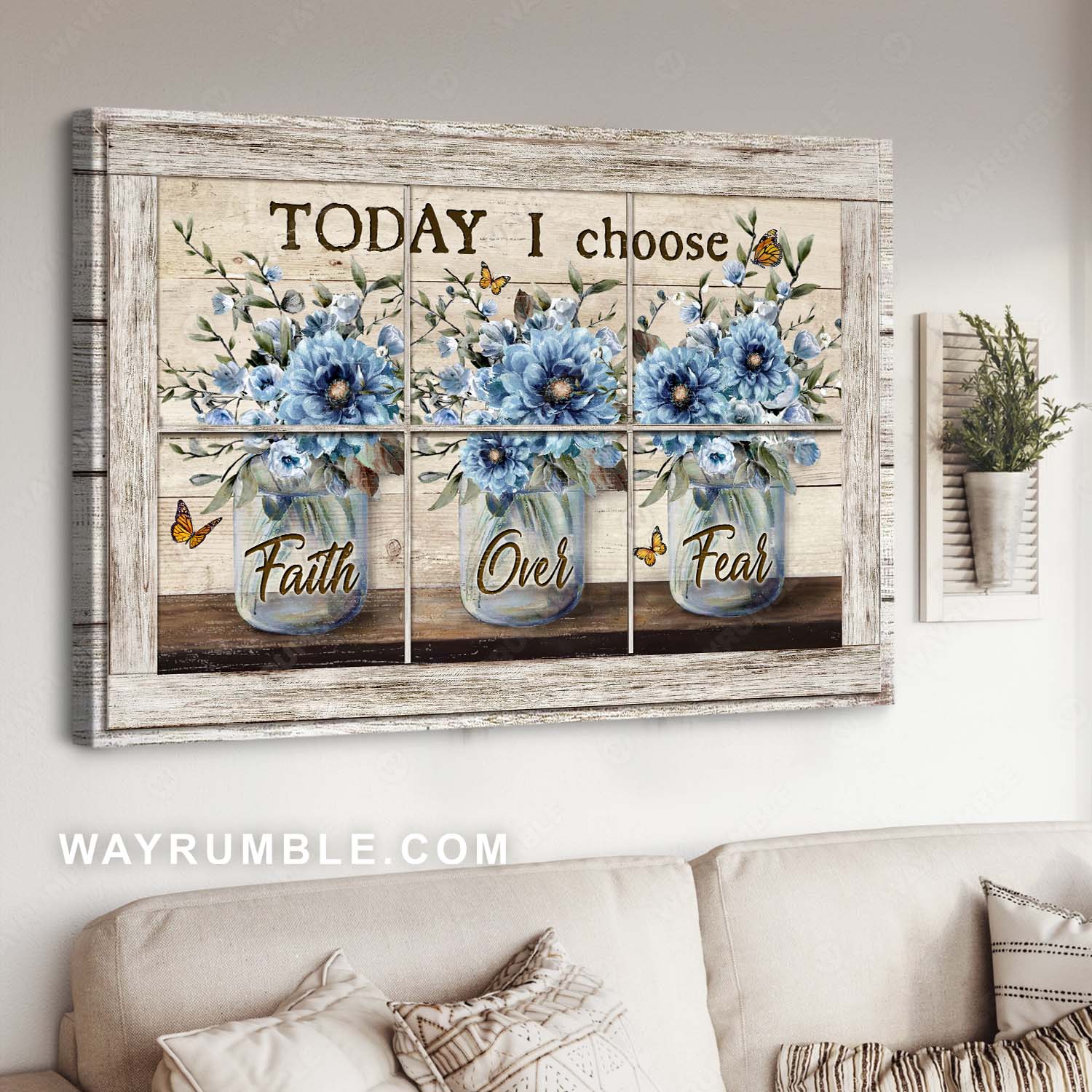 Blue flower, Monarch butterfly, Vintage window, Today I choose faith over fear - Jesus Landscape Canvas Prints, Christian Wall Art