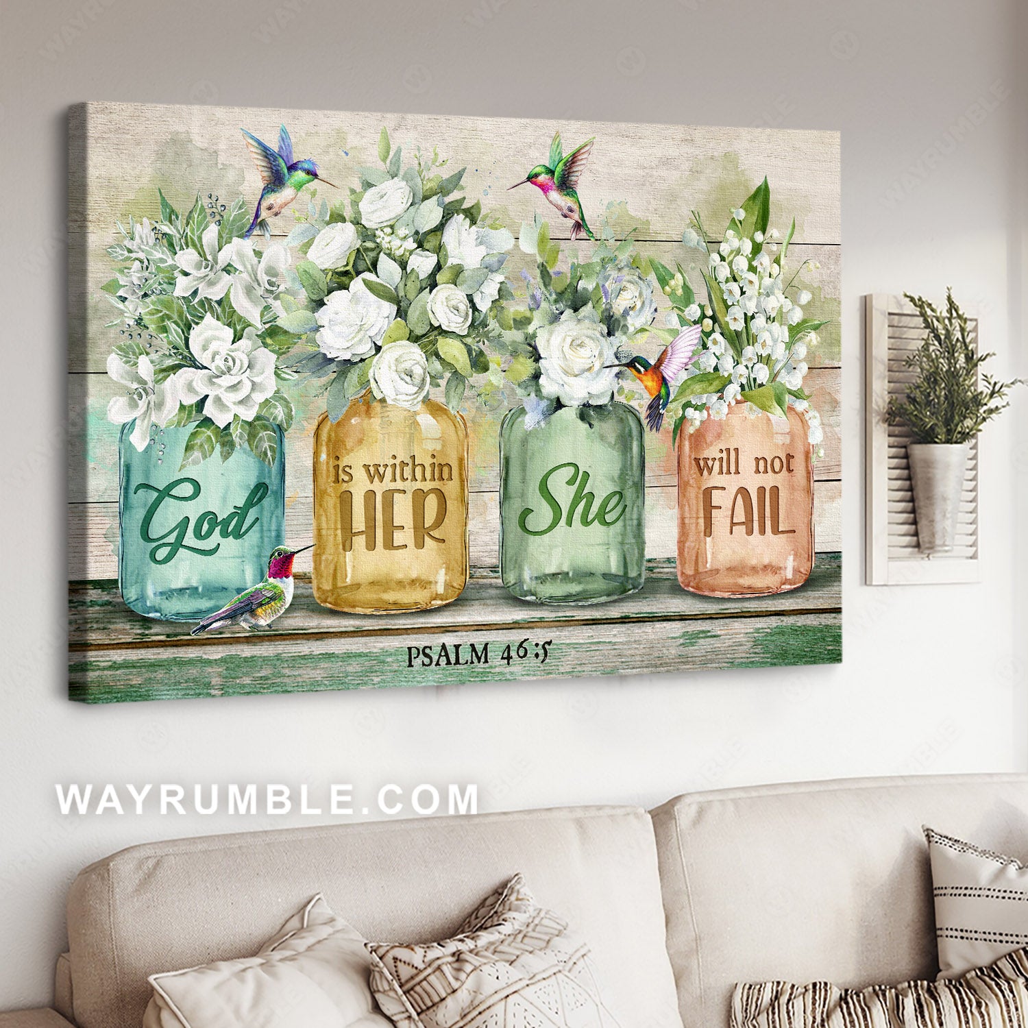 Amazing hummingbird, Gorgeous flower jar, God is within her, she will not fail - Jesus Landscape Canvas Prints, Christian Wall Art