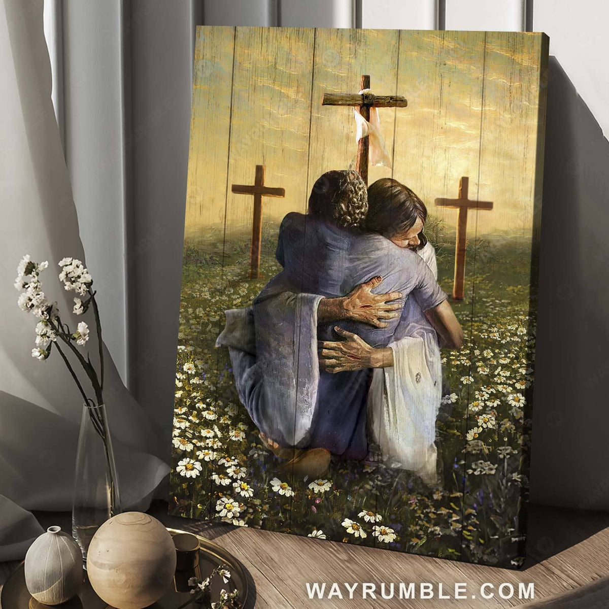 Daisy flower field, Three wooden crosses, Inspirational art, In the arms of God - Jesus Portrait Canvas Prints, Christian Wall ArtDaisy flower field, Three wooden crosses, Inspirational art, In the arms of God - Jesus Portrait Canvas Prints, Christian Wall Art