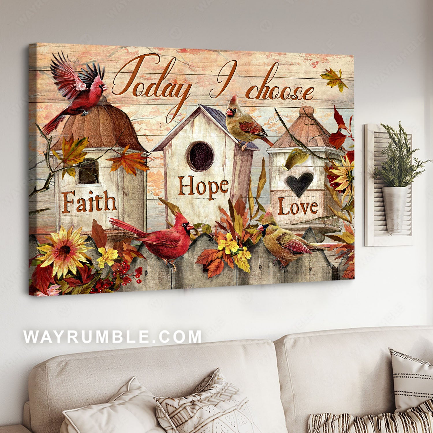 Watercolor cardinal, Abstract flower, Bird house, Today I choose faith, hope, love - Jesus Landscape Canvas Prints, Rustic Wall Art