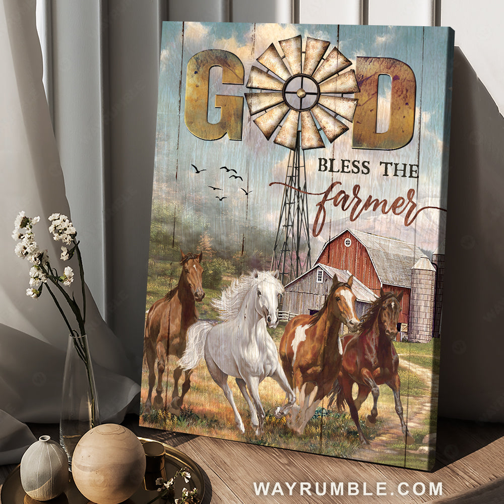 Running horses, Red barn, Happy farm, Awesome windmill, God bless the farmer - Jesus Portrait Canvas Prints, Christian Wall Art