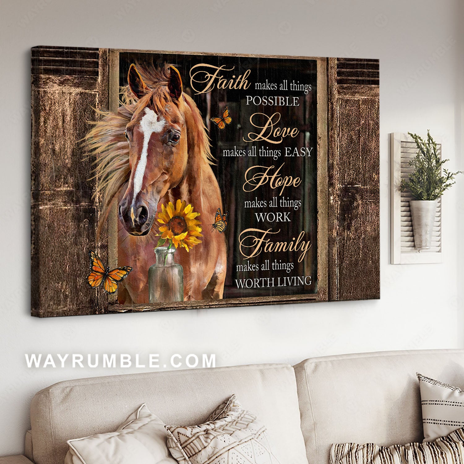 Brown horse, Watercolor sunflower, Monarch butterfly, Faith, Love, Hope, Family - Jesus Landscape Canvas Prints, Home Decor Wall Art