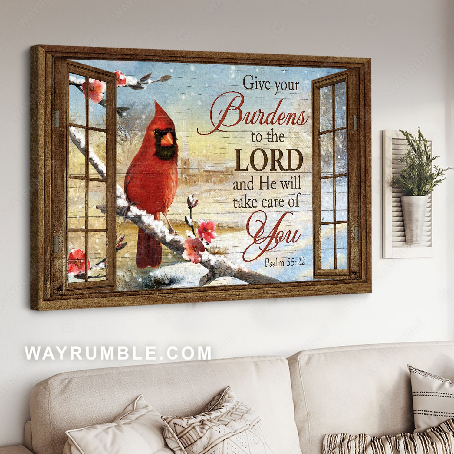 Beautiful snowfall, Red cardinal, Wood window, Give your burdens to the Lord - Jesus Landscape Canvas Prints, Home Decor Wall Art