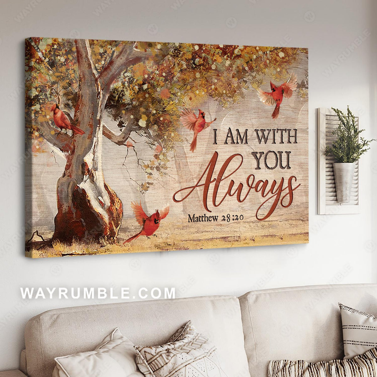 Autumn forest, Red cardinals, Abstract art, Bible verse, I am with you always - Jesus Landscape Canvas Prints, Home Decor Wall Art