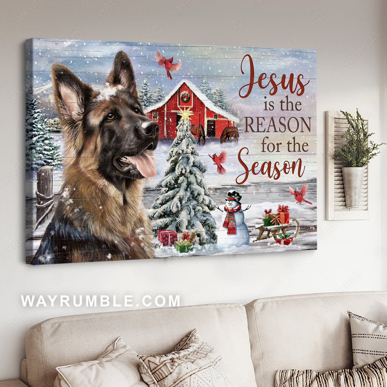 German Shepherd, Christmas decoration, Cardinal, Jesus is the reason for the season - Jesus Landscape Canvas Prints, Home Decor Wall Art