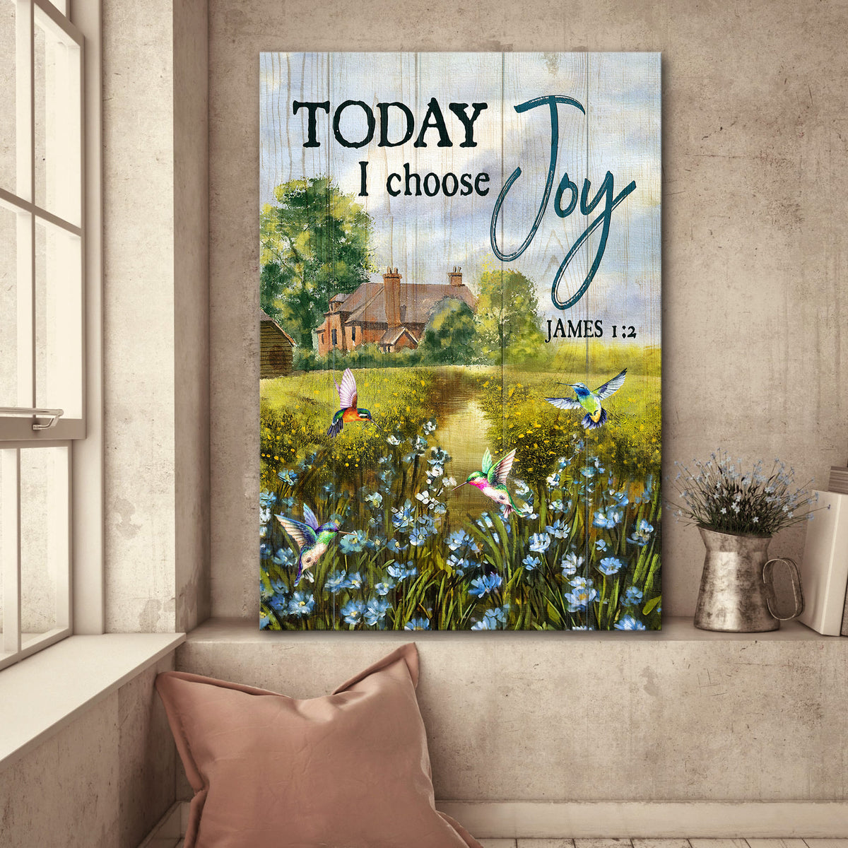Peaceful life, Hummingbird, Flower Field, Today I choose joy - Jesus Portrait Canvas Prints, Wall Art
