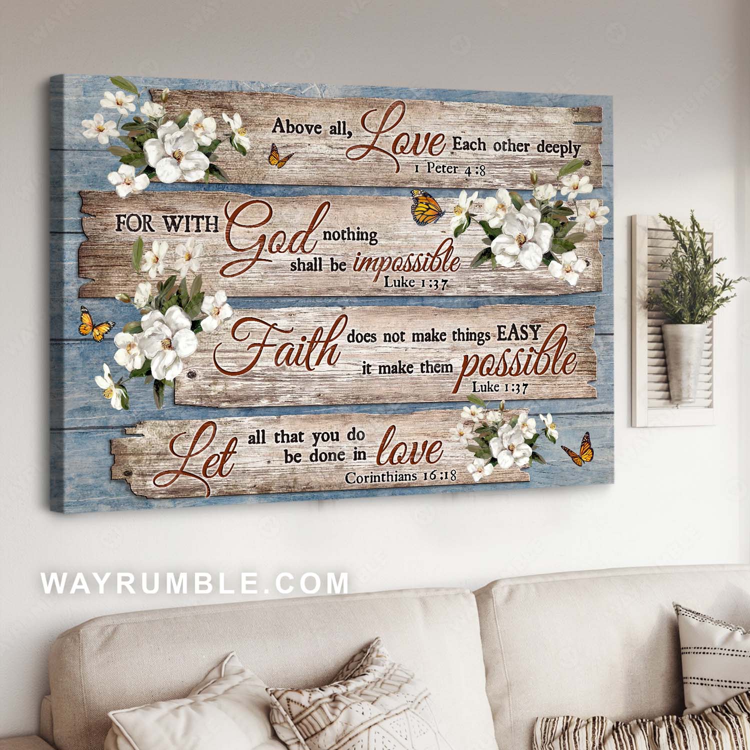 Gorgeous iceberg rose, Monarch butterfly, Bible verse, Love each other deeply - Jesus Landscape Canvas Prints, Home Decor Wall Art