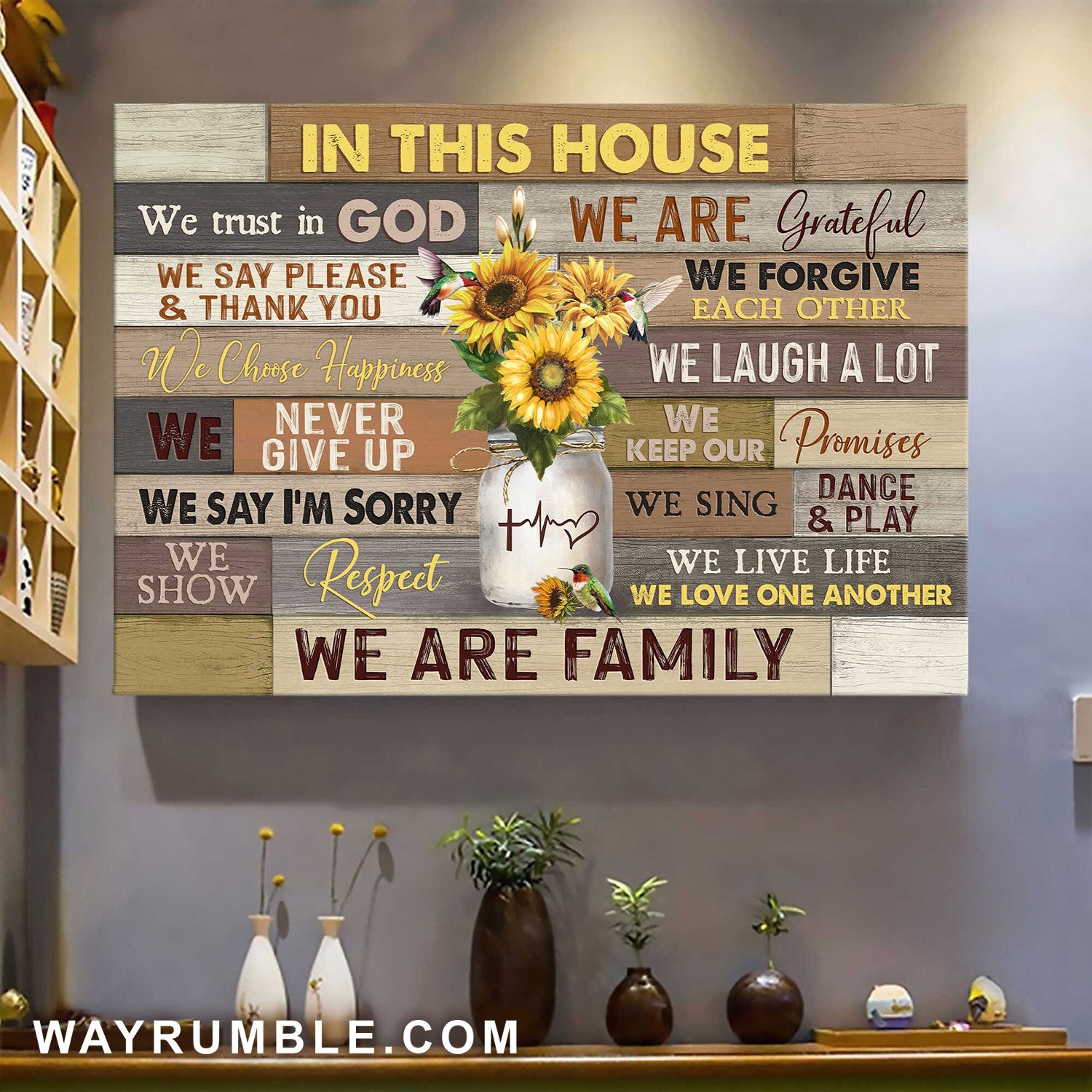 Sunflower, mason jar, hummingbird, In this house we trust in God - Jesus Landscape Canvas Print, Wall Art