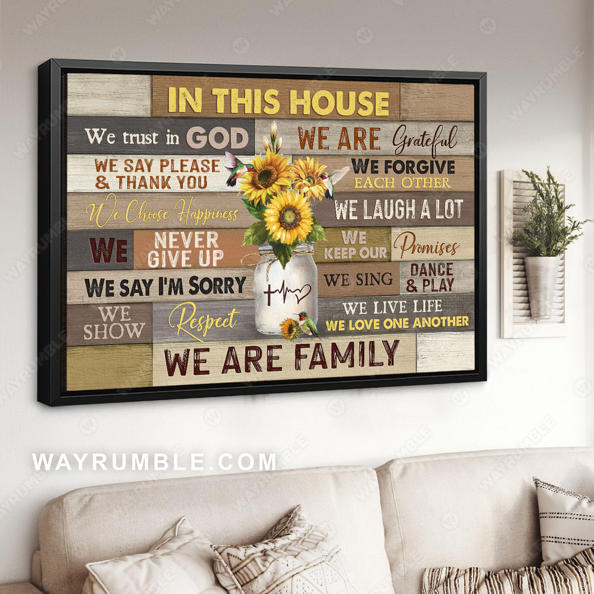Sunflower, mason jar, hummingbird, In this house we trust in God - Jesus Landscape Canvas Print, Wall Art
