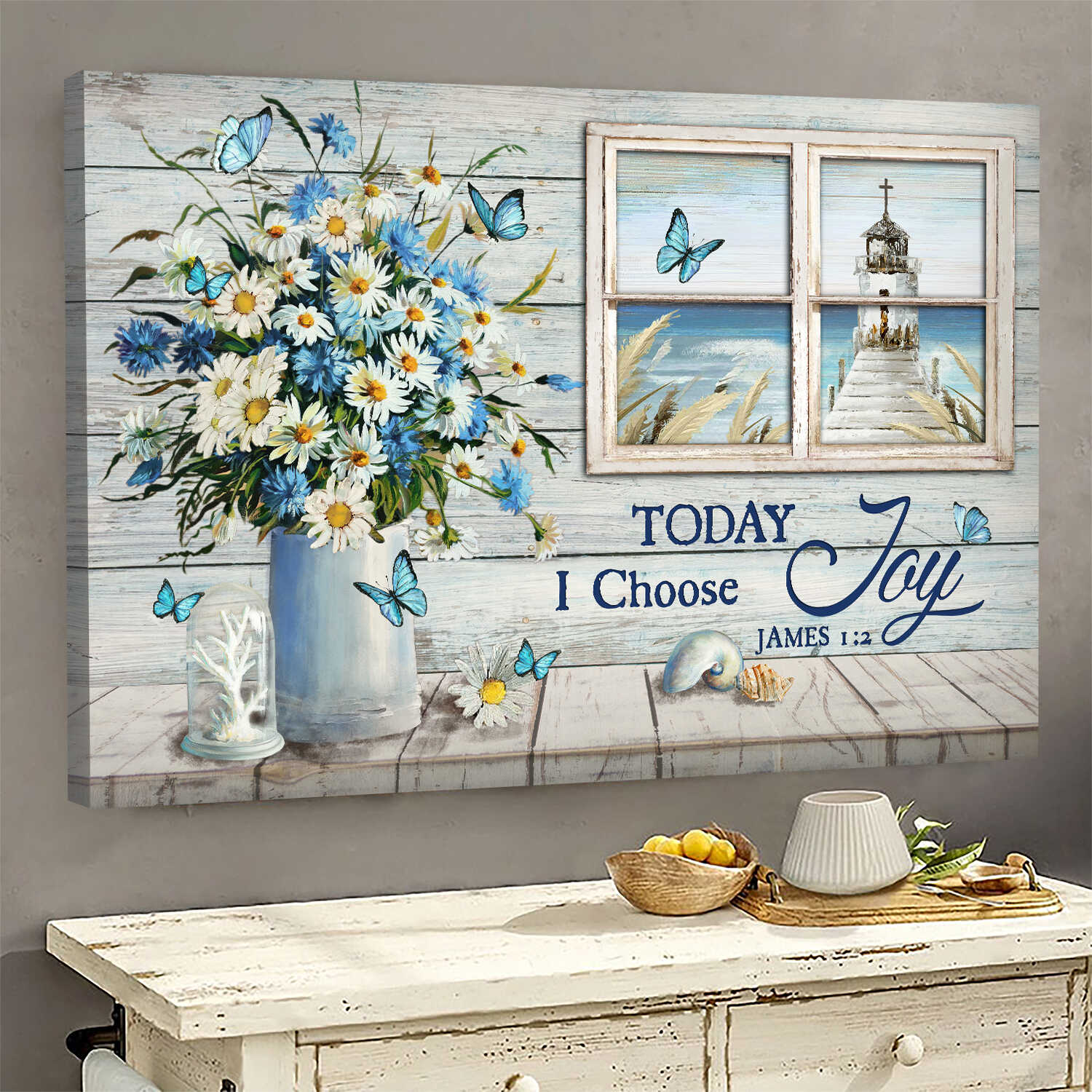 Church by the sea, Window frame, Daisy flower, Today I choose joy - Jesus Landscape Canvas Prints, Wall Art