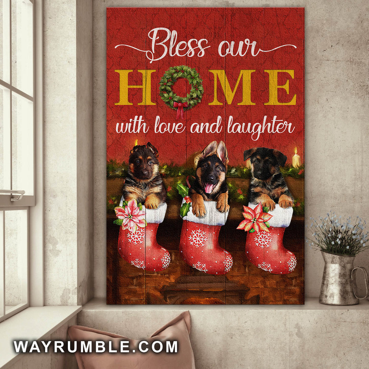 Christmas socks, German shepherd, Bless our home with love and laughter - Jesus Portrait Canvas Prints, Wall Art
