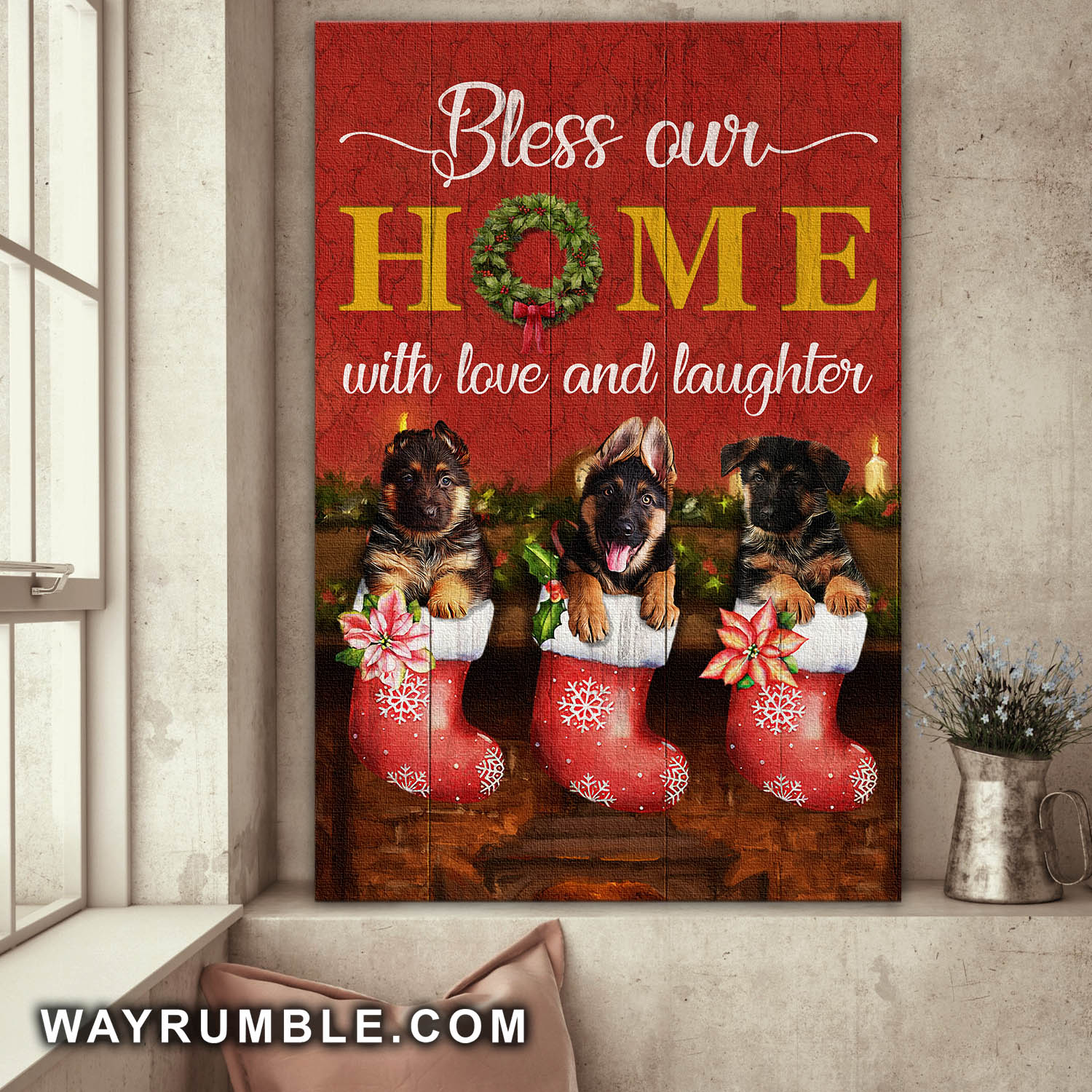 Christmas socks, German shepherd, Bless our home with love and laughter - Jesus Portrait Canvas Prints, Wall Art