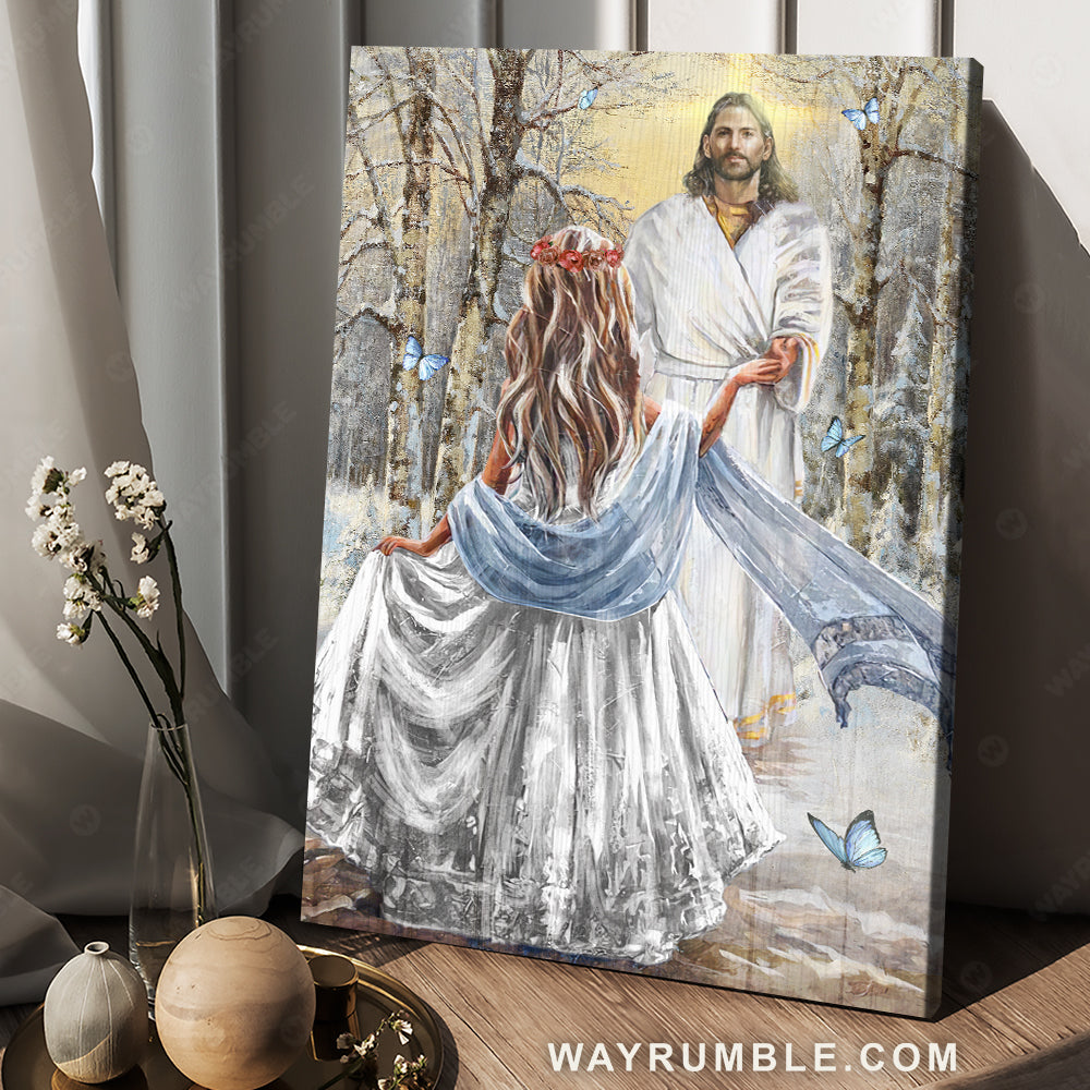 Beautiful lady, Snowy forest, Blue butterfly, Amazing Jesus painting - Jesus Portrait Canvas Prints, Christian Wall Art