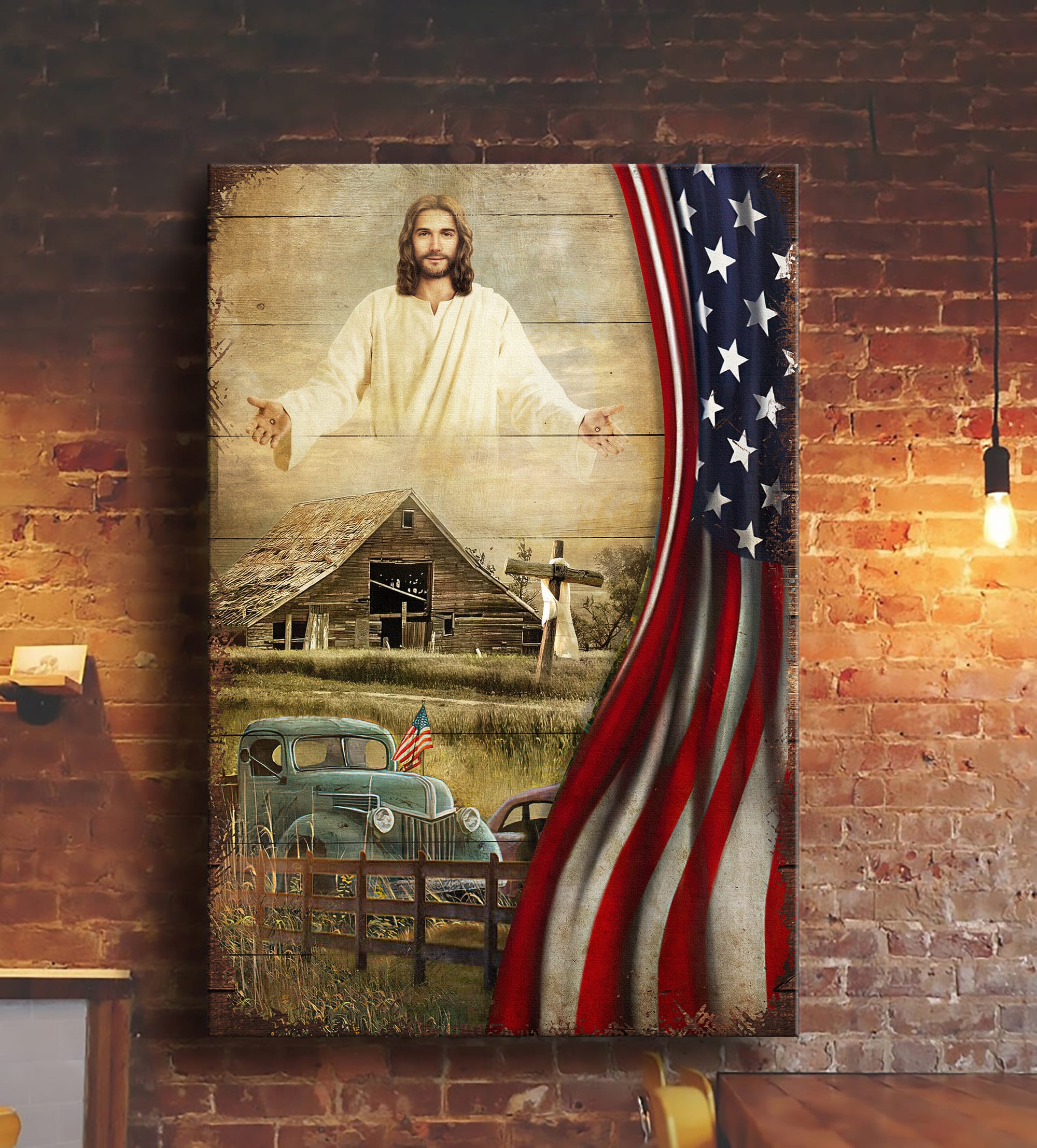Jesus Painting, America Flag, Old farm - Jesus Portrait Canvas Prints, Wall Art