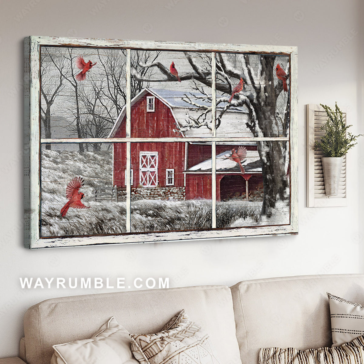 Amazing red cardinal, Rustic farmhouse, Snowy farm, Winter season - Jesus Landscape Canvas Prints, Home Decor Wall Art