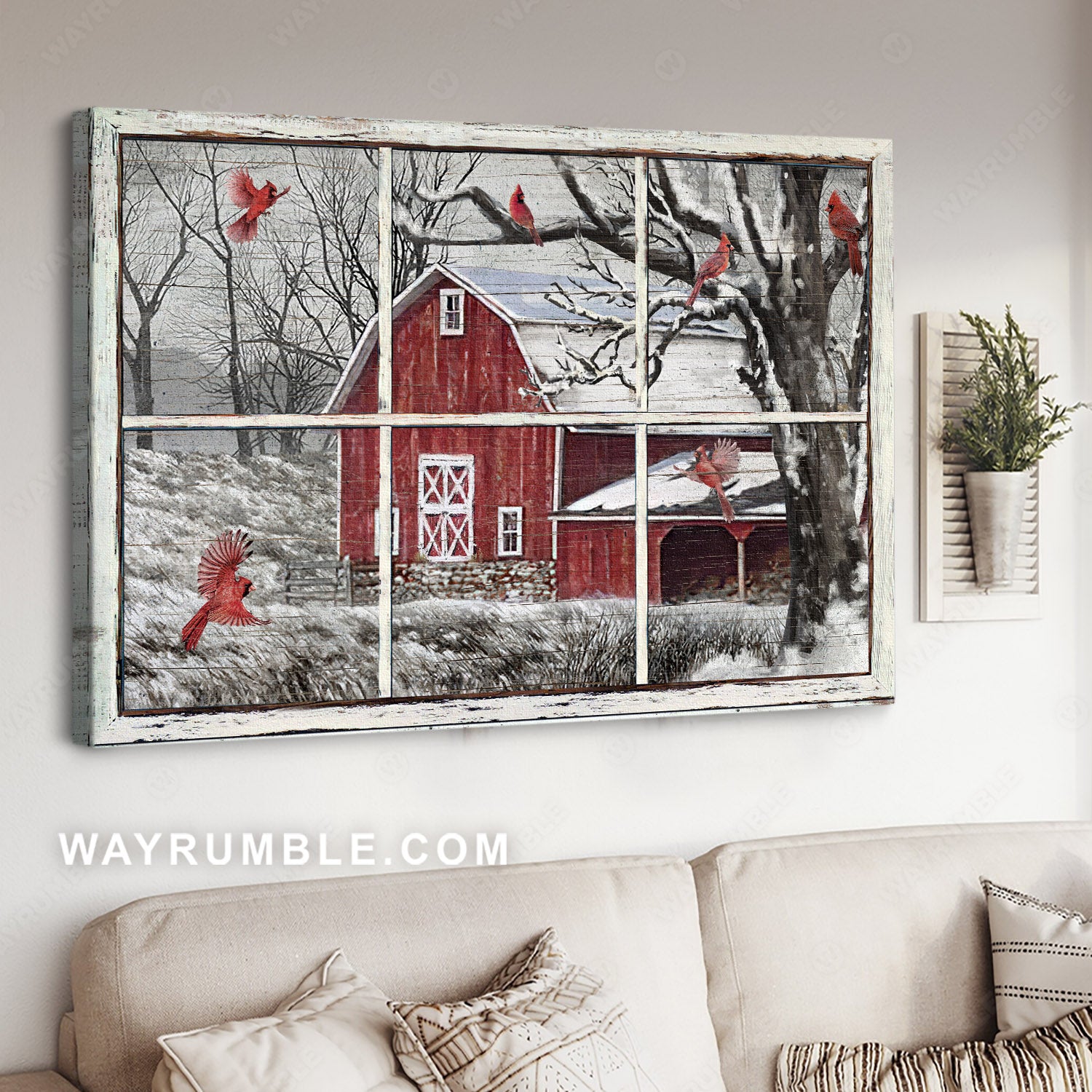 Amazing red cardinal, Rustic farmhouse, Snowy farm, Winter season - Jesus Landscape Canvas Prints, Home Decor Wall Art