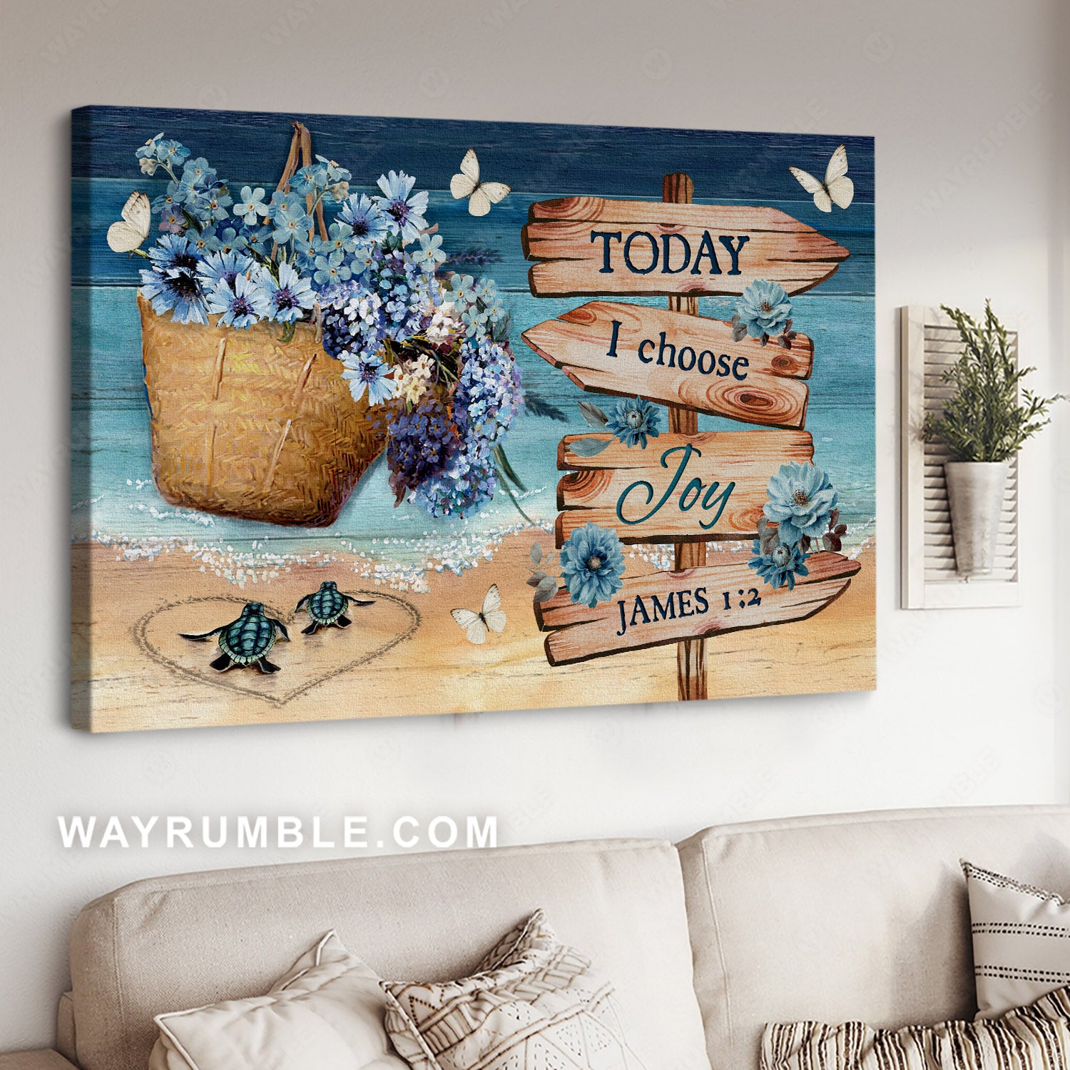 Blue flowers, Sea turtles, White butterfly, Beach painting, Today I choose you - Jesus Landscape Canvas Prints, Home Decor Wall Art