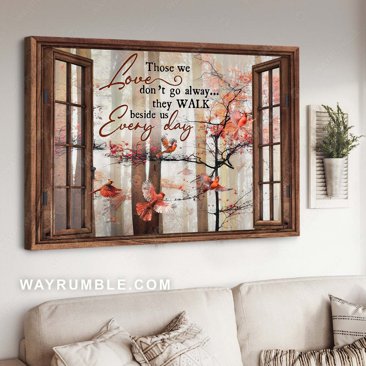 Autumn season, Red cardinal, Wooden windows, Those we love don&#39;t go away - Jesus Landscape Canvas Prints, Home Decor Wall Art