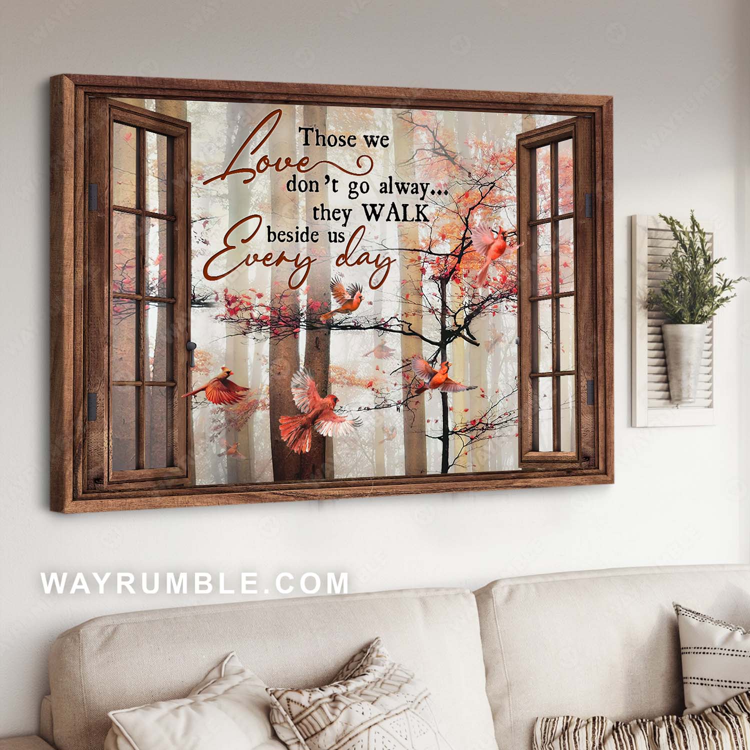 Autumn season, Red cardinal, Wooden windows, Those we love don't go away - Jesus Landscape Canvas Prints, Home Decor Wall Art
