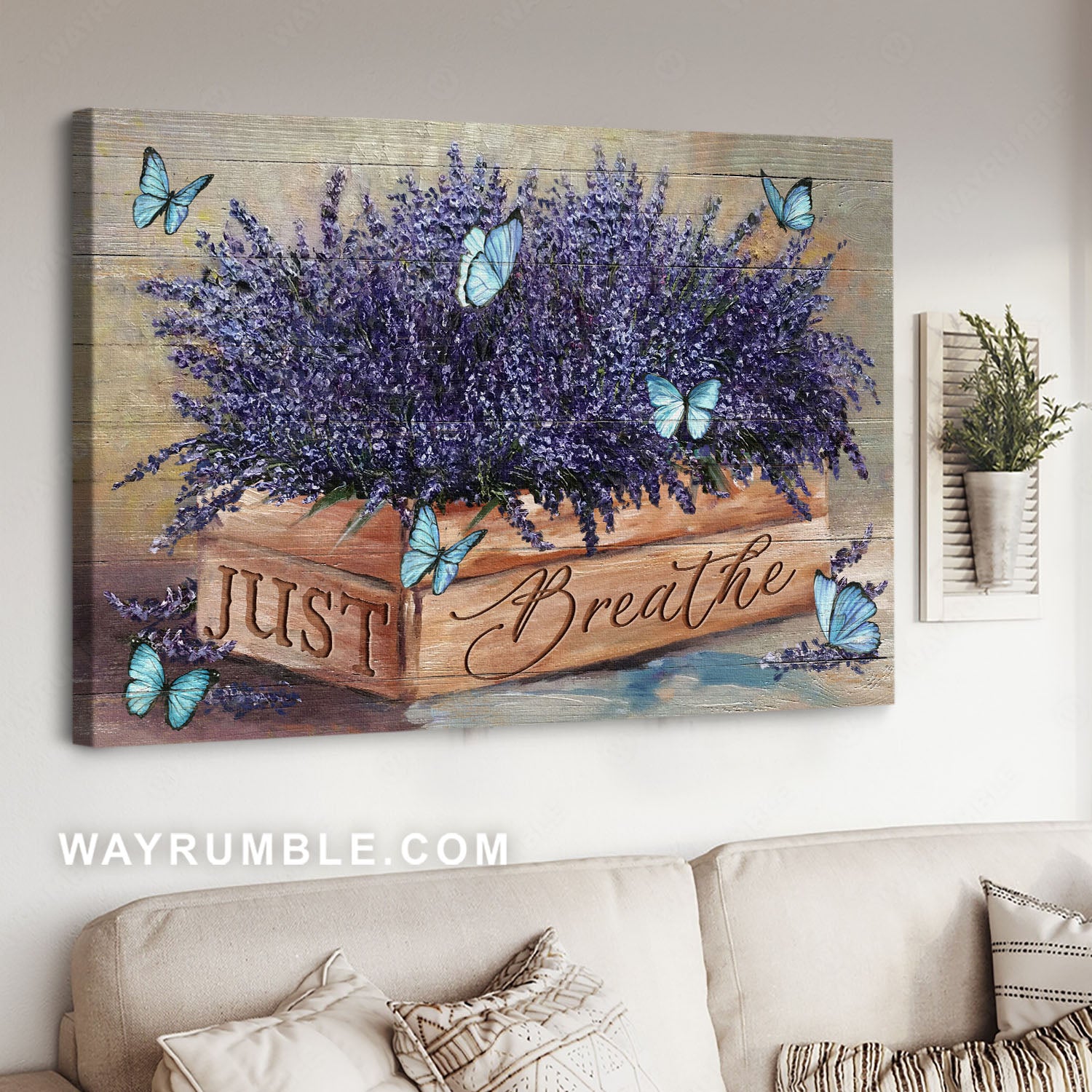 Blue butterfly, Lavender painting, Abstract art, Inspirational quote, Just breathe - Jesus Landscape Canvas Prints, Home Decor Wall Art