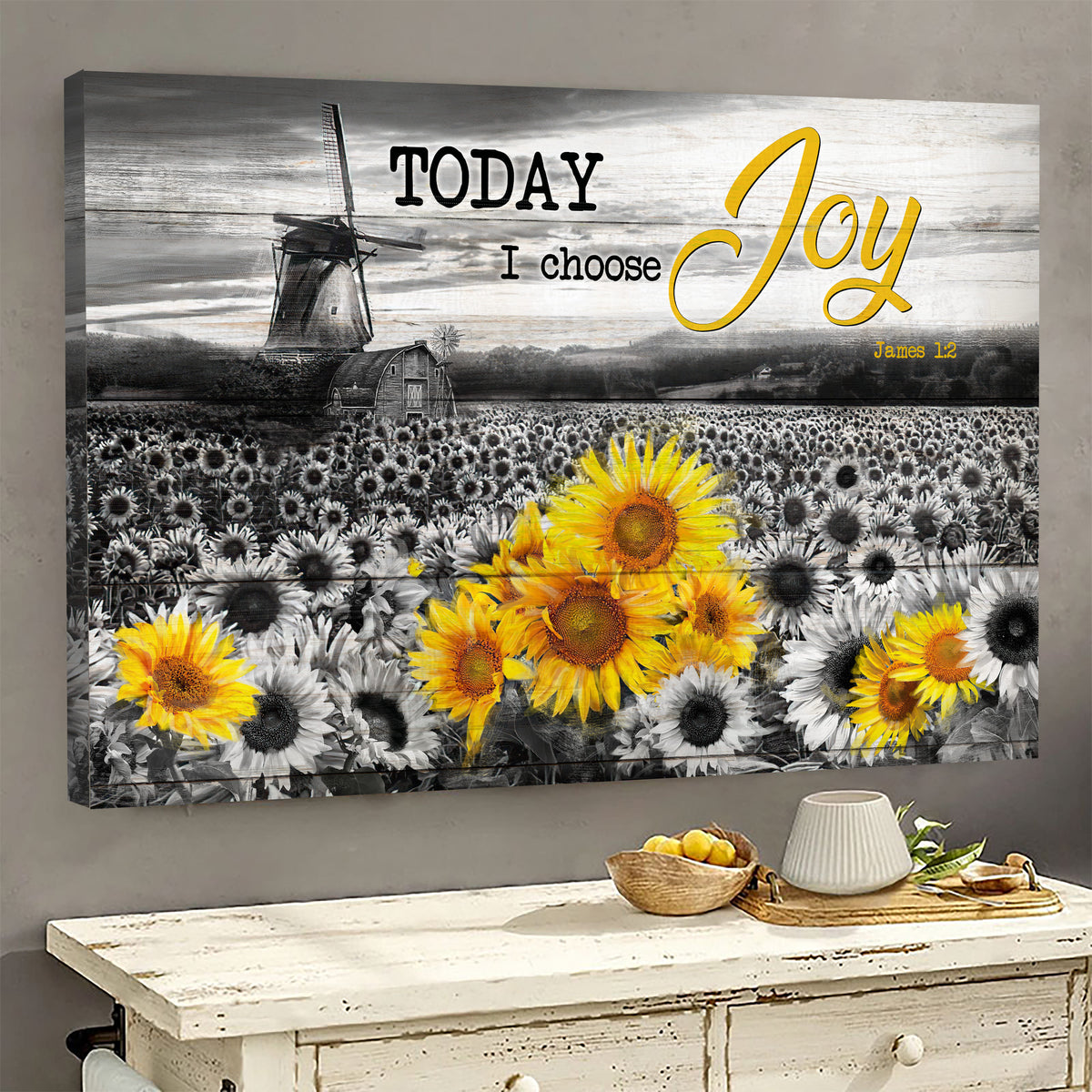 Sunflower field, Windmill - Today I choose joy Jesus Landscape Canvas Prints, Wall Art