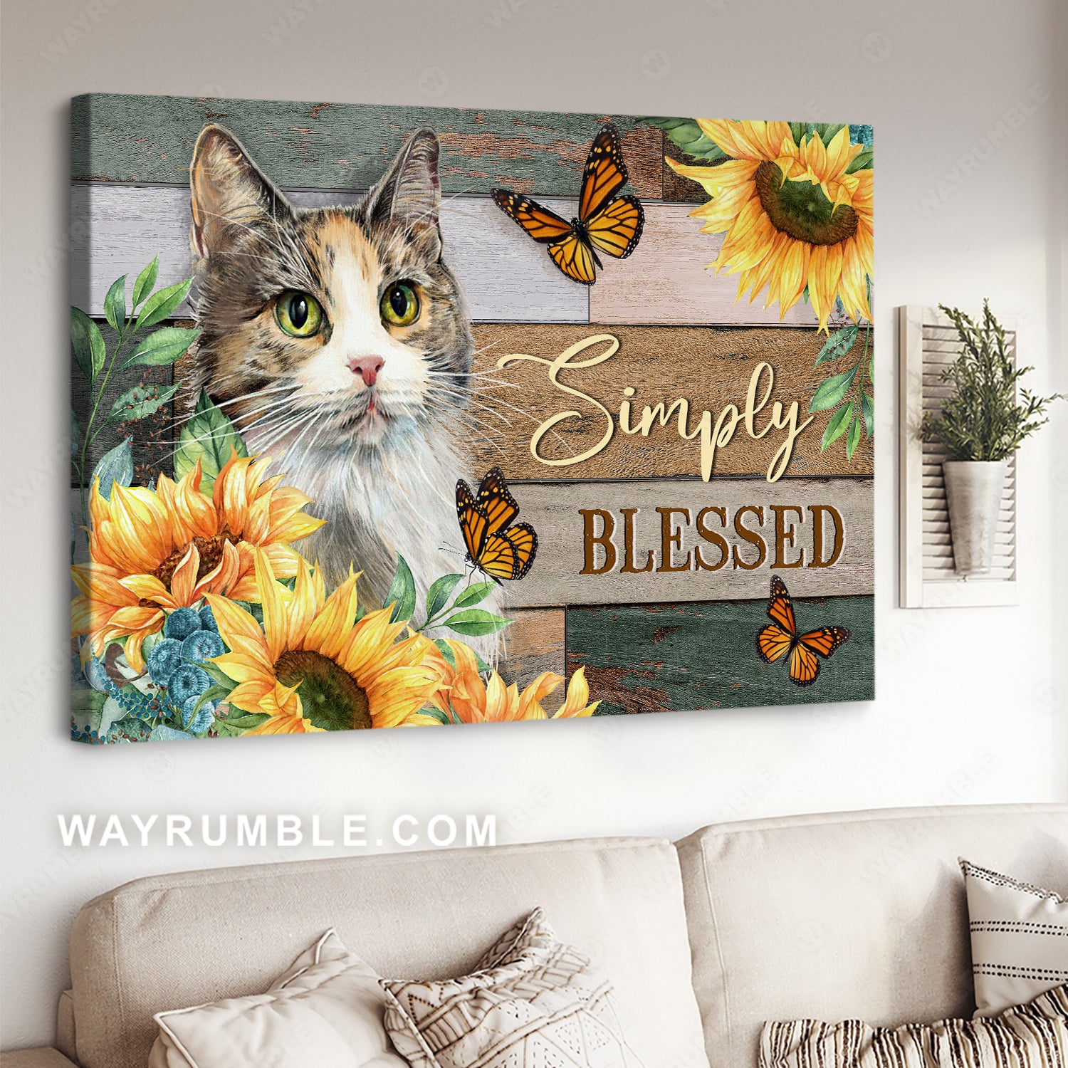 Pretty cat, Orange butterfly, Sunflower frame, Simply blessed - Jesus Landscape Canvas Prints, Christian Wall Art
