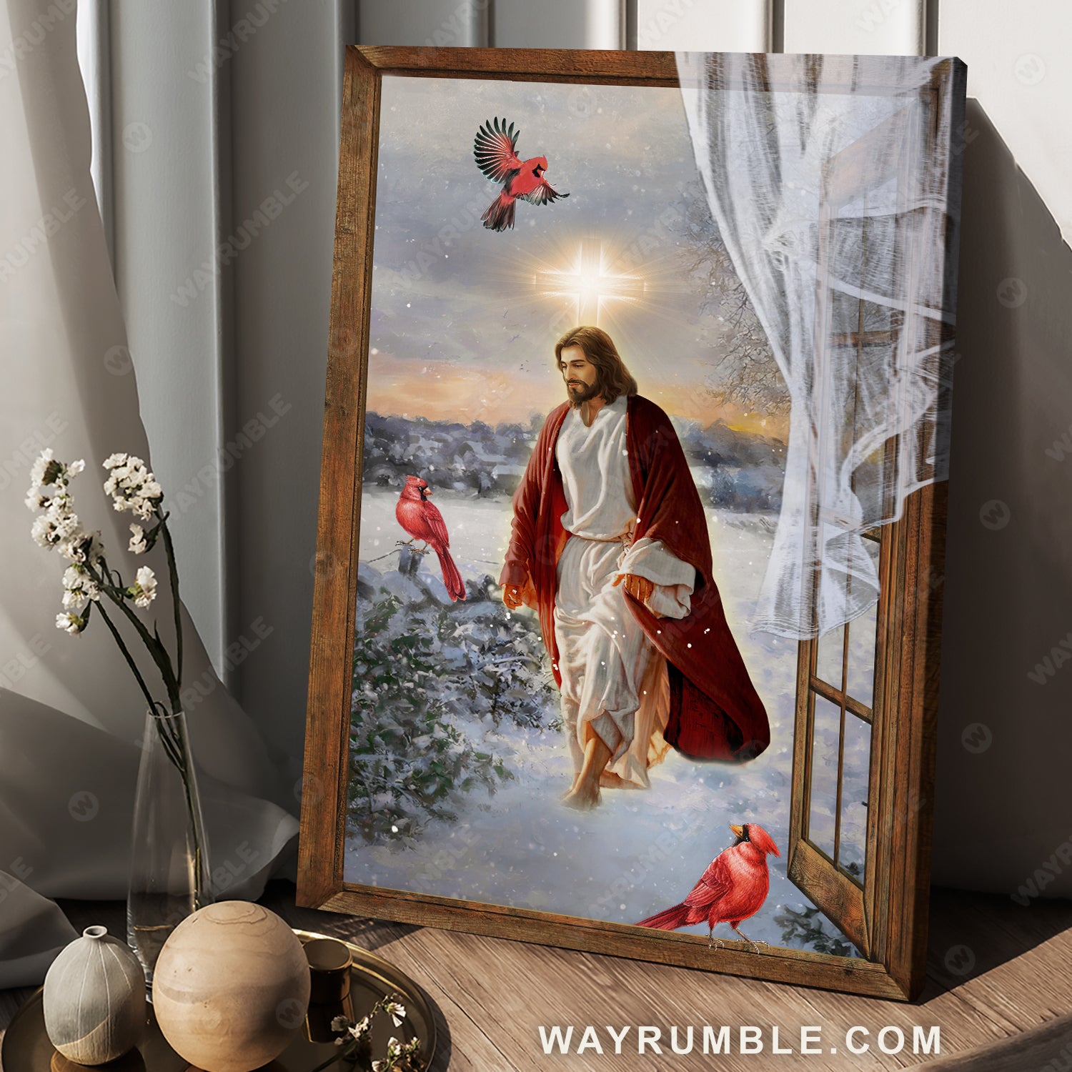 Snow valley, Red cardinal, Window drawing, Walking with Jesus - Jesus Portrait Canvas Prints, Christian Wall Art