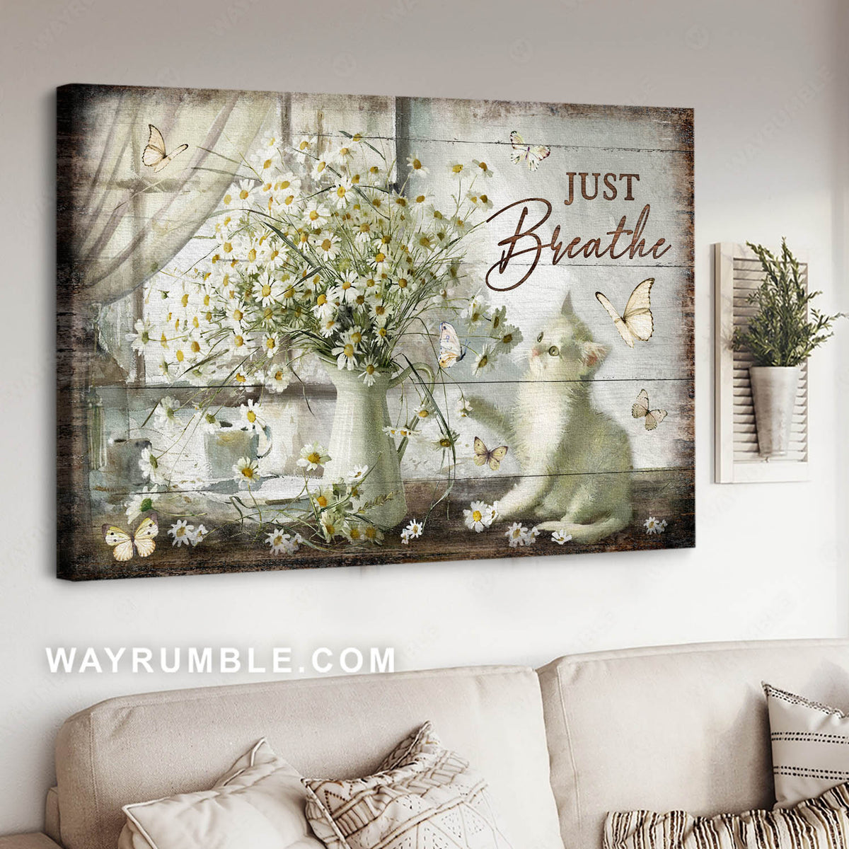 Vintage flower painting, Pretty daisy vase, Cute white kitten, Just breathe - Jesus Landscape Canvas Prints, Christian Wall Art