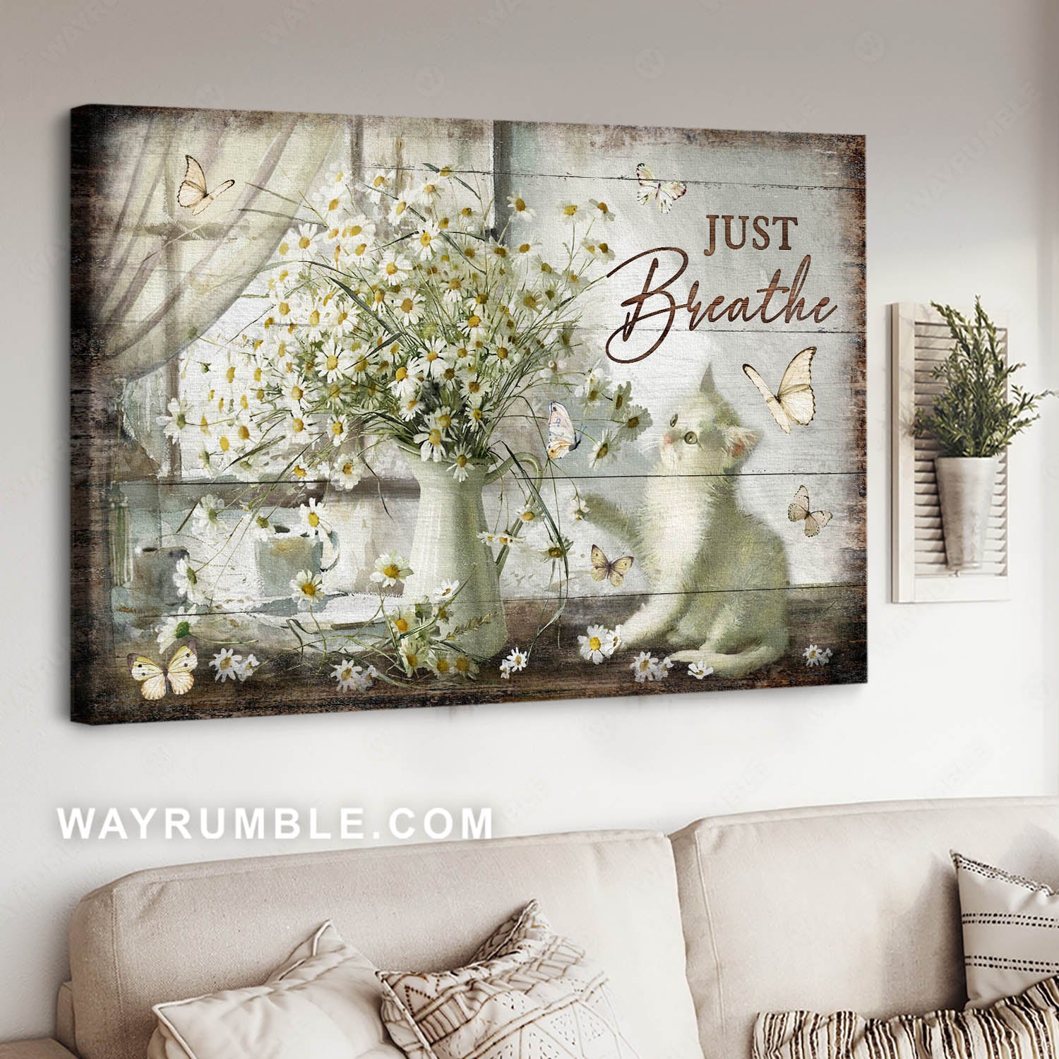Vintage flower painting, Pretty daisy vase, Cute white kitten, Just breathe - Jesus Landscape Canvas Prints, Christian Wall Art