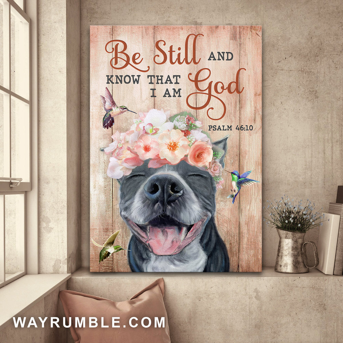 Pit bull, Flower Wreath, Hummingbird, Be still and know that I am God - Jesus Portrait Canvas Prints, Wall Art