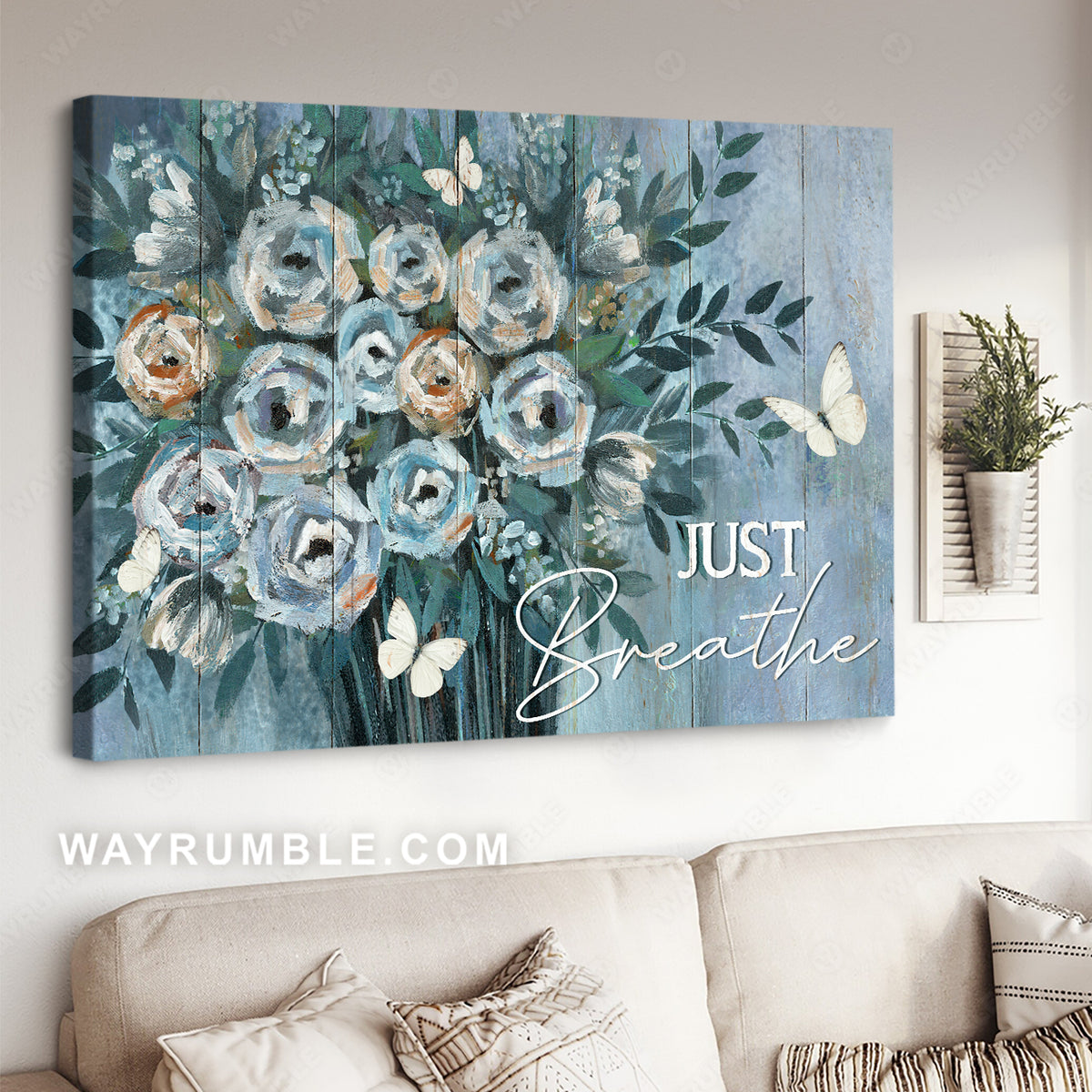 Blue flower vase, Watercolor painting, White butterfly, Just breathe - Jesus Landscape Canvas Prints, Christian Wall Art
